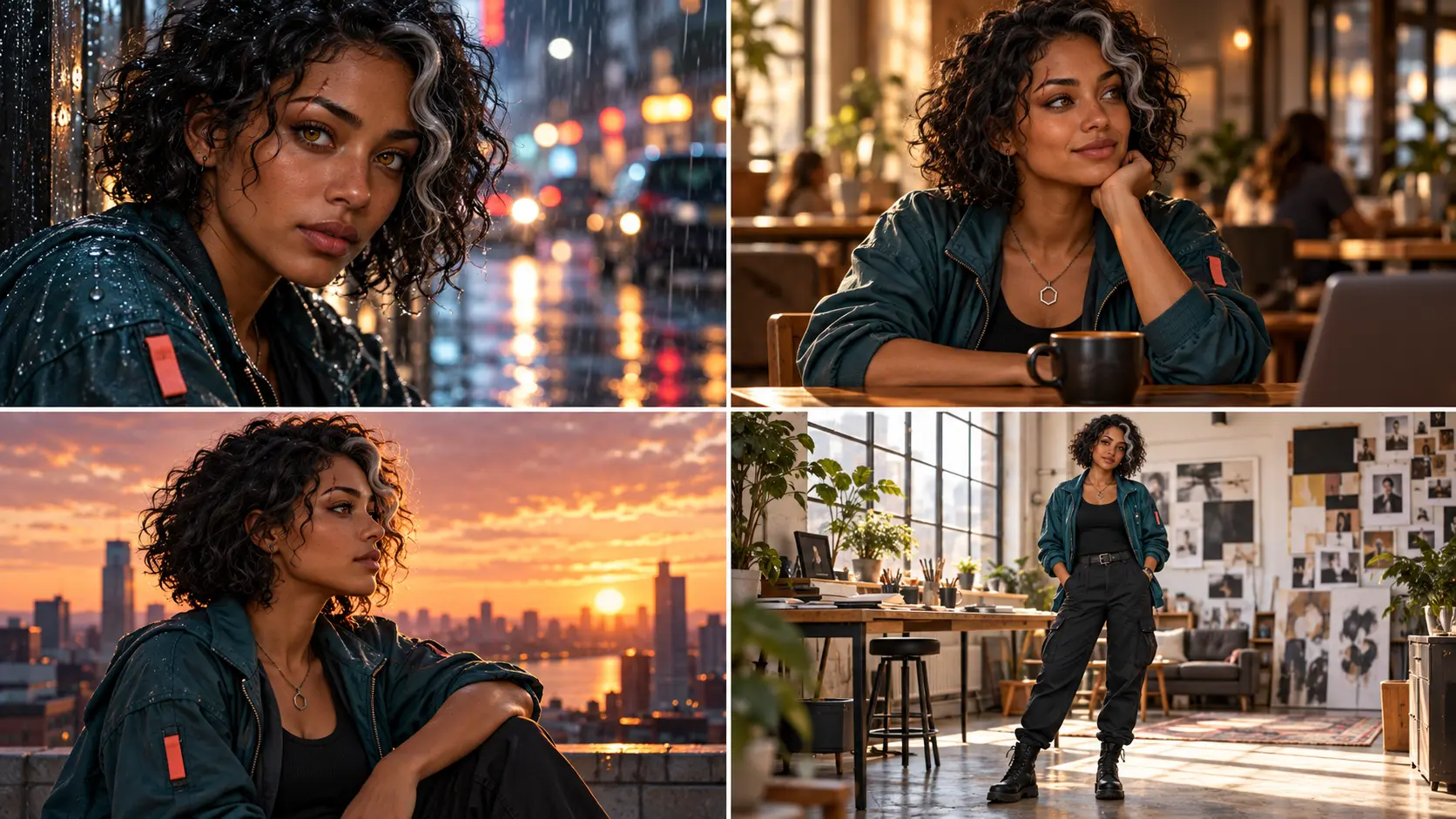 Mara Vale, a fictional AI character, shown in four settings with recognisable hair, jacket and pendant.