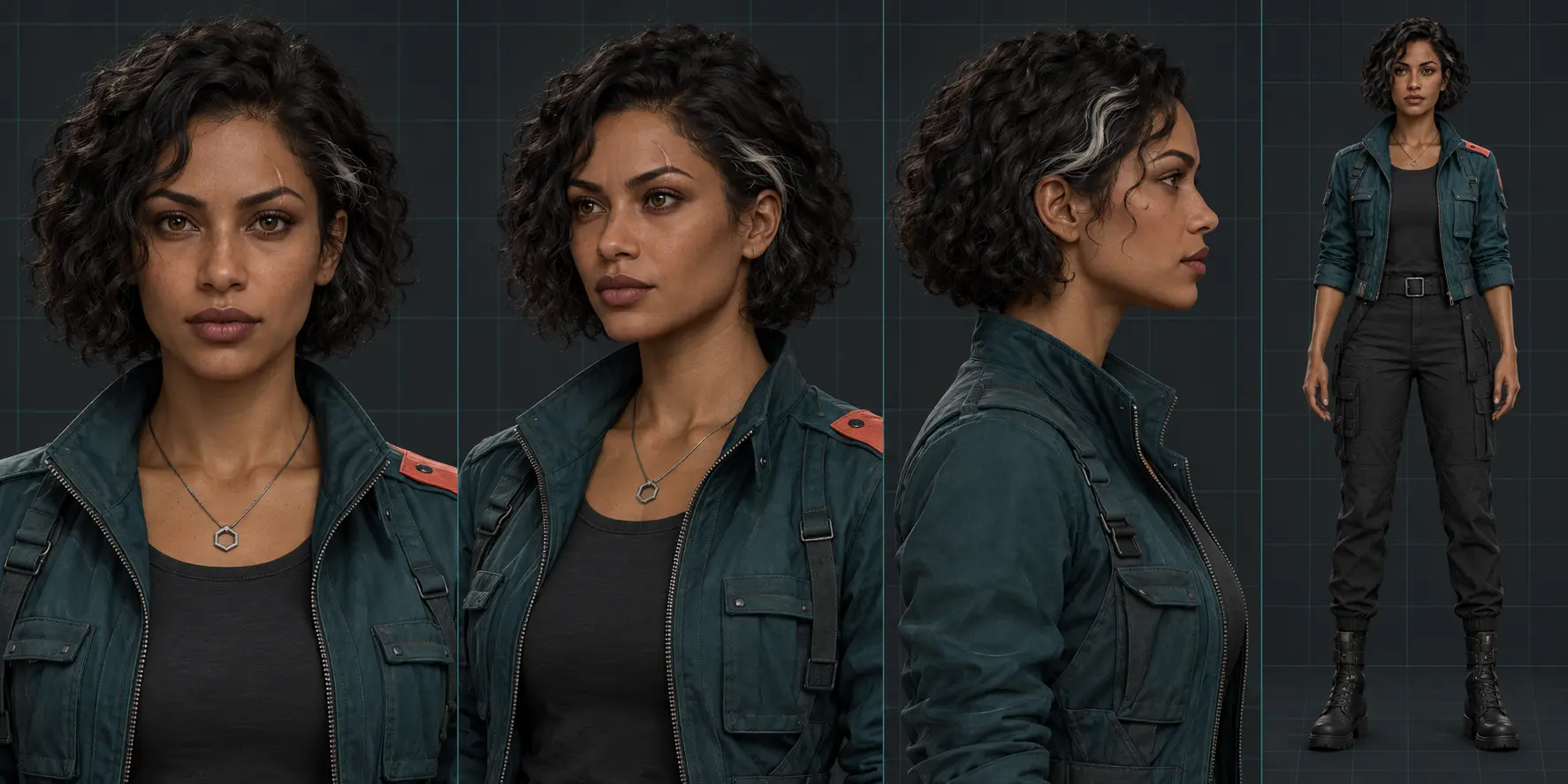 Reference sheet for the fictional Mara Vale character, with portraits and recorded visual anchors.